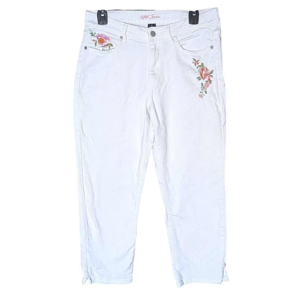 Kikit White Embroidered Sequin Jeans Cropped Straight Leg Sz 8 Y2K‎ Boho Cottage